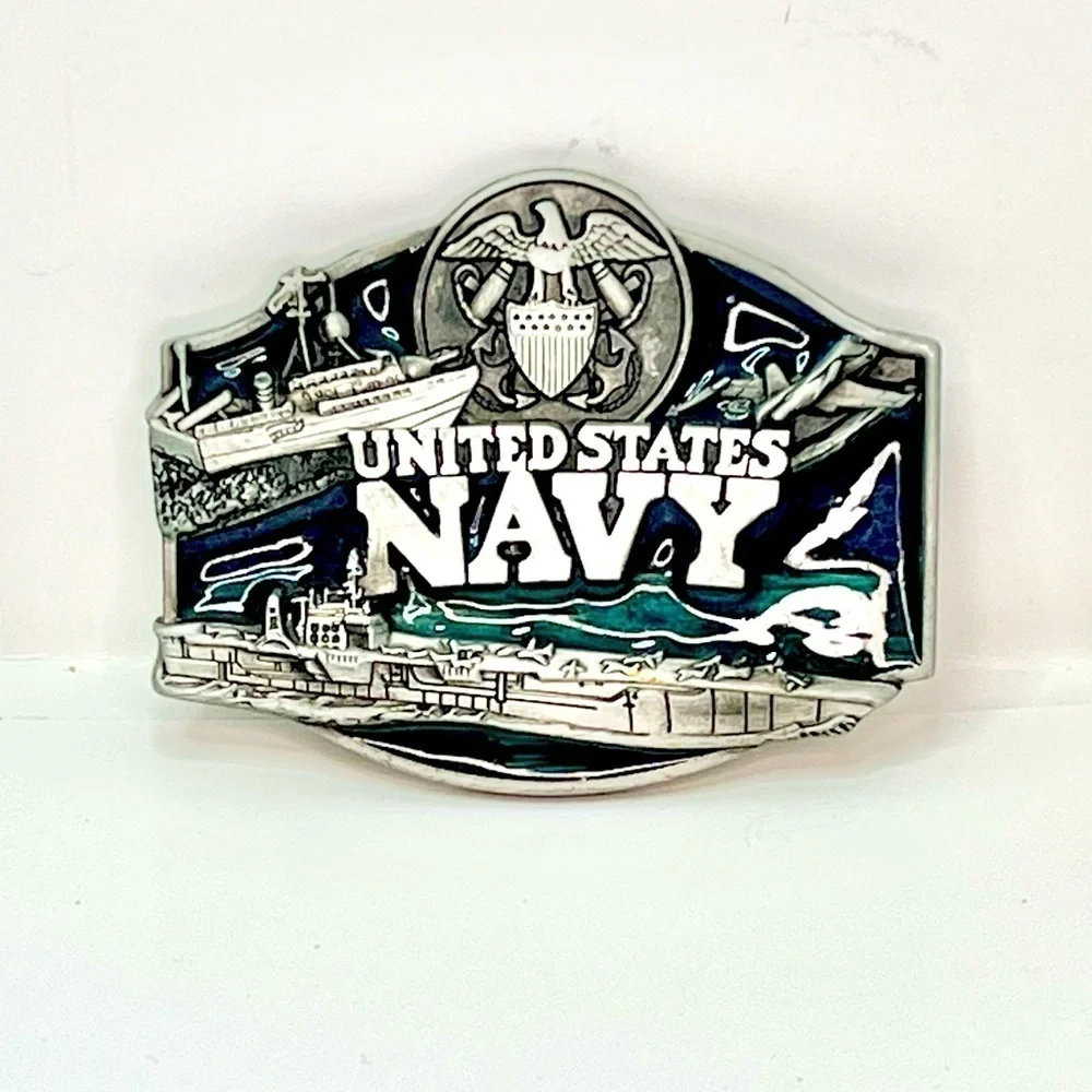 Vintage United States Navy Armed Forces Belt Buckle Metal Alloy Pewter Enamel
